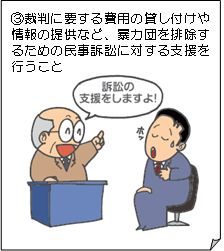 裁判に要する費用の貸し付けや情報の提供など、暴力団を排除するための民事訴訟に対する支援を行なうこと