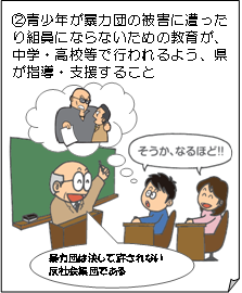 青少年が暴力団の被害に遭ったり組員にならないための教育が、中学・高校等で行なわれるよう、県が指導・支援すること