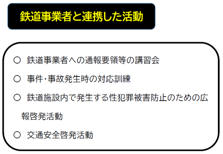 鉄道事業者と連携した活動として、鉄道事業者への通報要領等の講習会、事件・事故発生時の対応訓練、鉄道施設内で発生する性犯罪被害防止のための広報啓発活動、交通安全啓発活動などがあります。